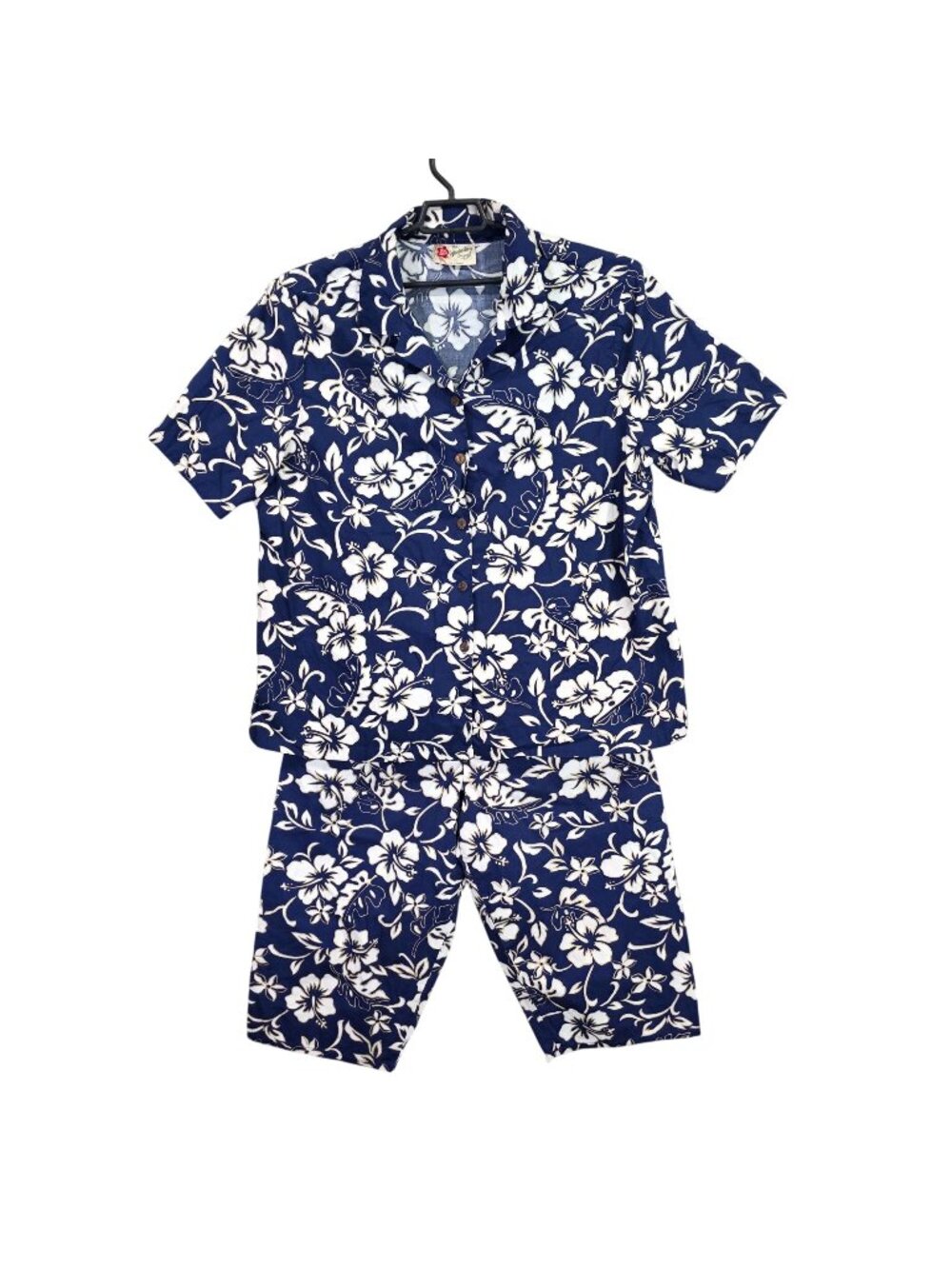 Womens Hilo Hattie Hawaiian 2 Piece Shirt & Capri Set Navy & White Floral 1X